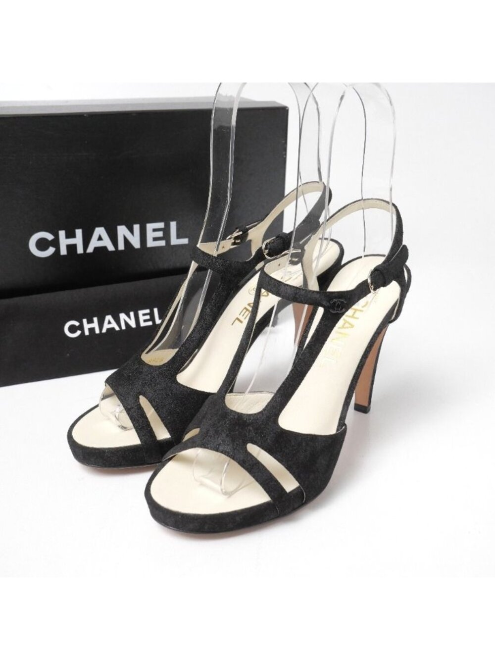 Chanel Sandals 37.5 13c Ankle Strap High Heels - Picture 1 of 8